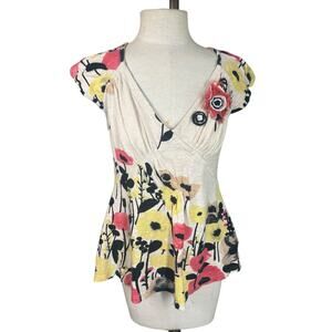 VTG Y2K Baraschi Poppy Floral Print Babydoll Top M Cotton 3D Applique Casual